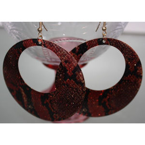 Boho Red  & Black Reptile Print Round Dangle Earrings Women's Fashion Jewelry